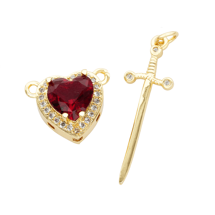 RODIO DORADO DIJE PAREJA CORAZON ROJO ESPADA ZIRCON 17*32MM 1