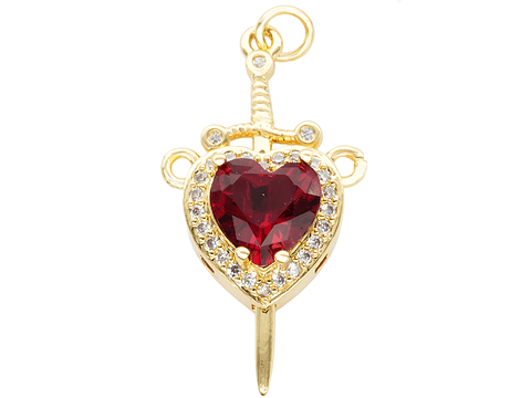 RODIO DORADO DIJE PAREJA CORAZON ROJO ESPADA ZIRCON 17*32MM