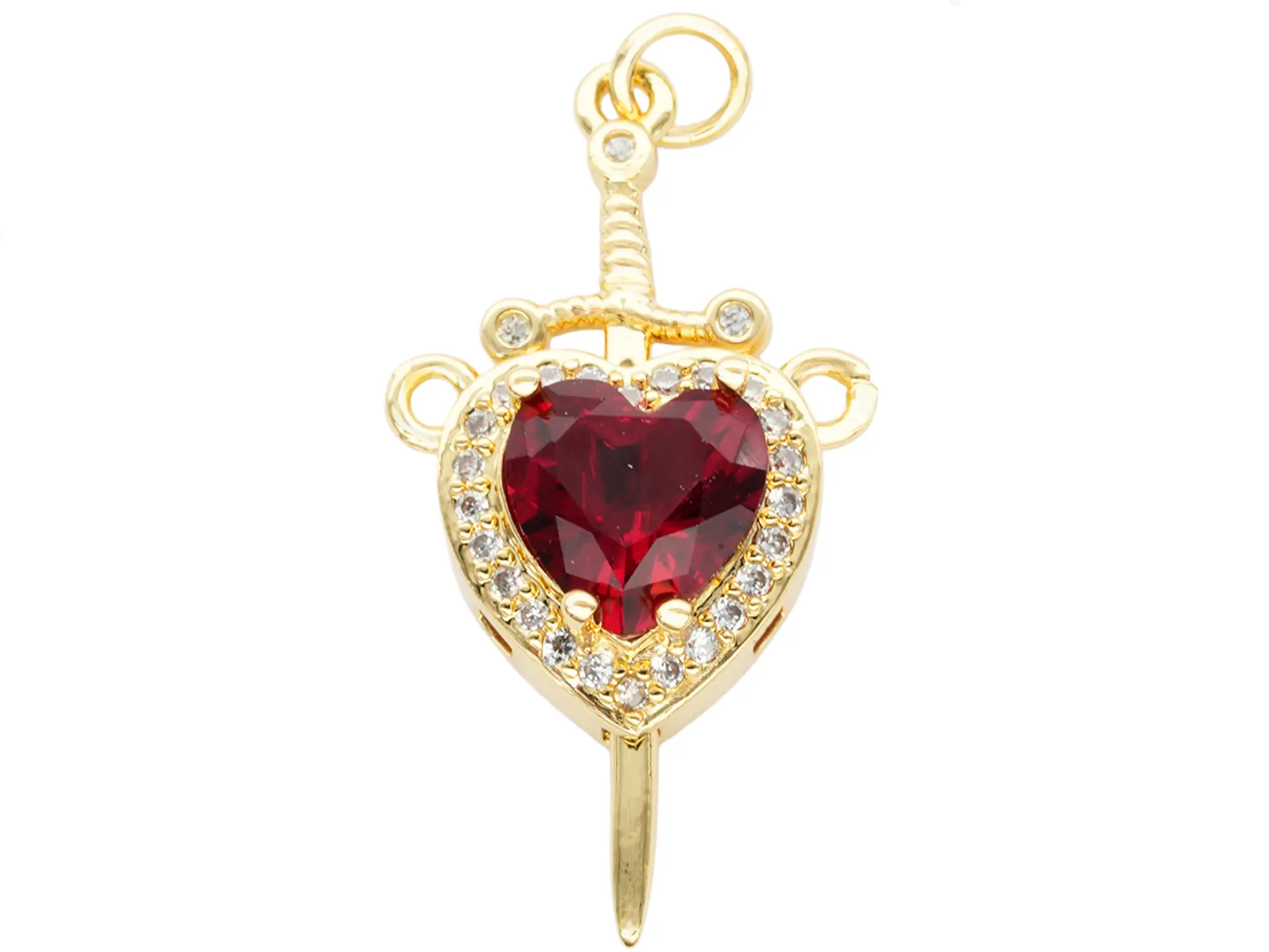 RODIO DORADO DIJE PAREJA CORAZON ROJO ESPADA ZIRCON 17*32MM 2
