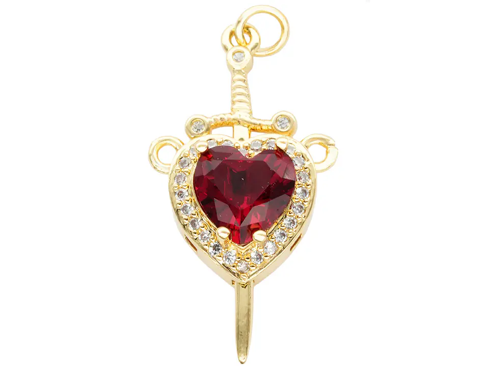 RODIO DORADO DIJE PAREJA CORAZON ROJO ESPADA ZIRCON 17*32MM 2
