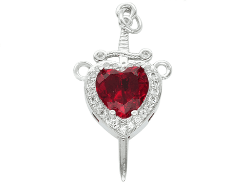 RODIO PLATEADO DIJE PAREJA CORAZON ROJO ESPADA ZIRCON 17*32MM