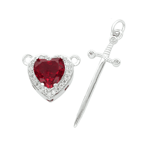RODIO PLATEADO DIJE PAREJA CORAZON ROJO ESPADA ZIRCON 17*32MM