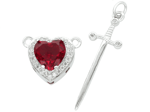 RODIO PLATEADO DIJE PAREJA CORAZON ROJO ESPADA ZIRCON 17*32MM