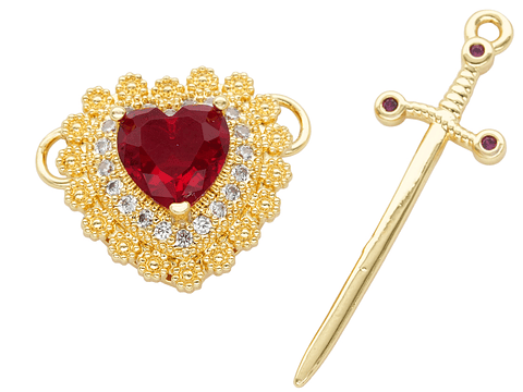 RODIO DORADO DIJE PAREJA CORAZON ROJO ZIRCON 17*32MM -1