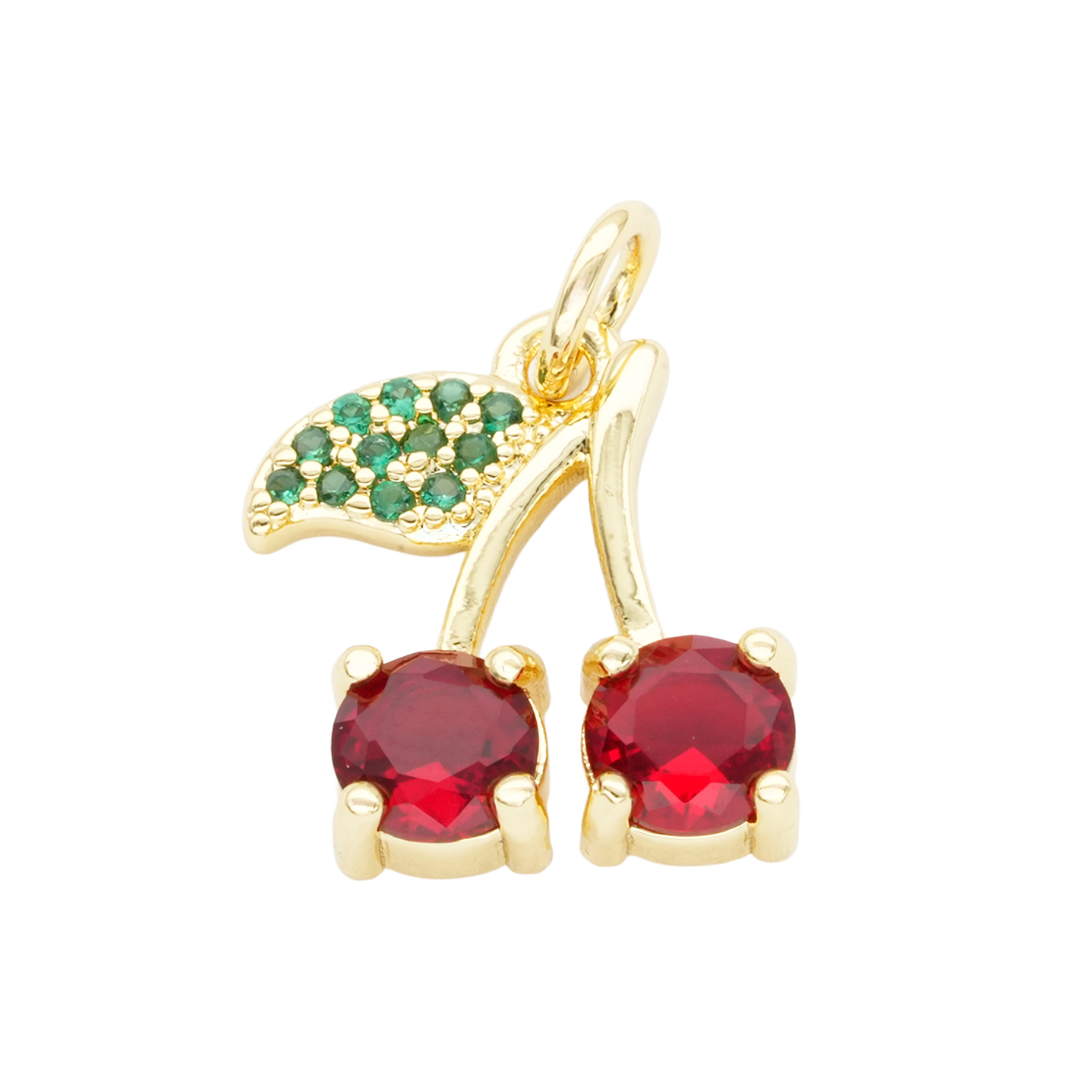 RODIO DORADO DIJE CEREZA HOJA ZIRCON VERDE 14MM 1