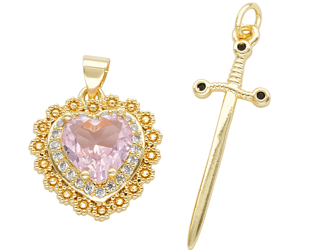 RODIO DORADO DIJE PAREJA CORAZON ROSADO ZIRCON 17*32MM