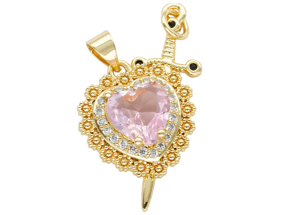 RODIO DORADO DIJE PAREJA CORAZON ROSADO ZIRCON 17*32MM 2