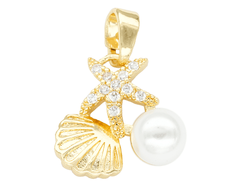 RODIO DORADO DIJE PERLA CONCHA ESTRELLA MAR ZIRCON 14MM