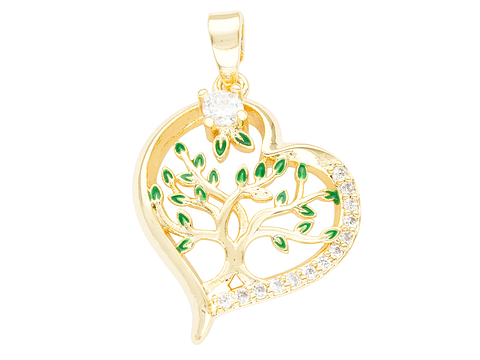RODIO DORADO DIJE CORAZON ARBOL VIDA VERDE ZIRCON 17*21MM
