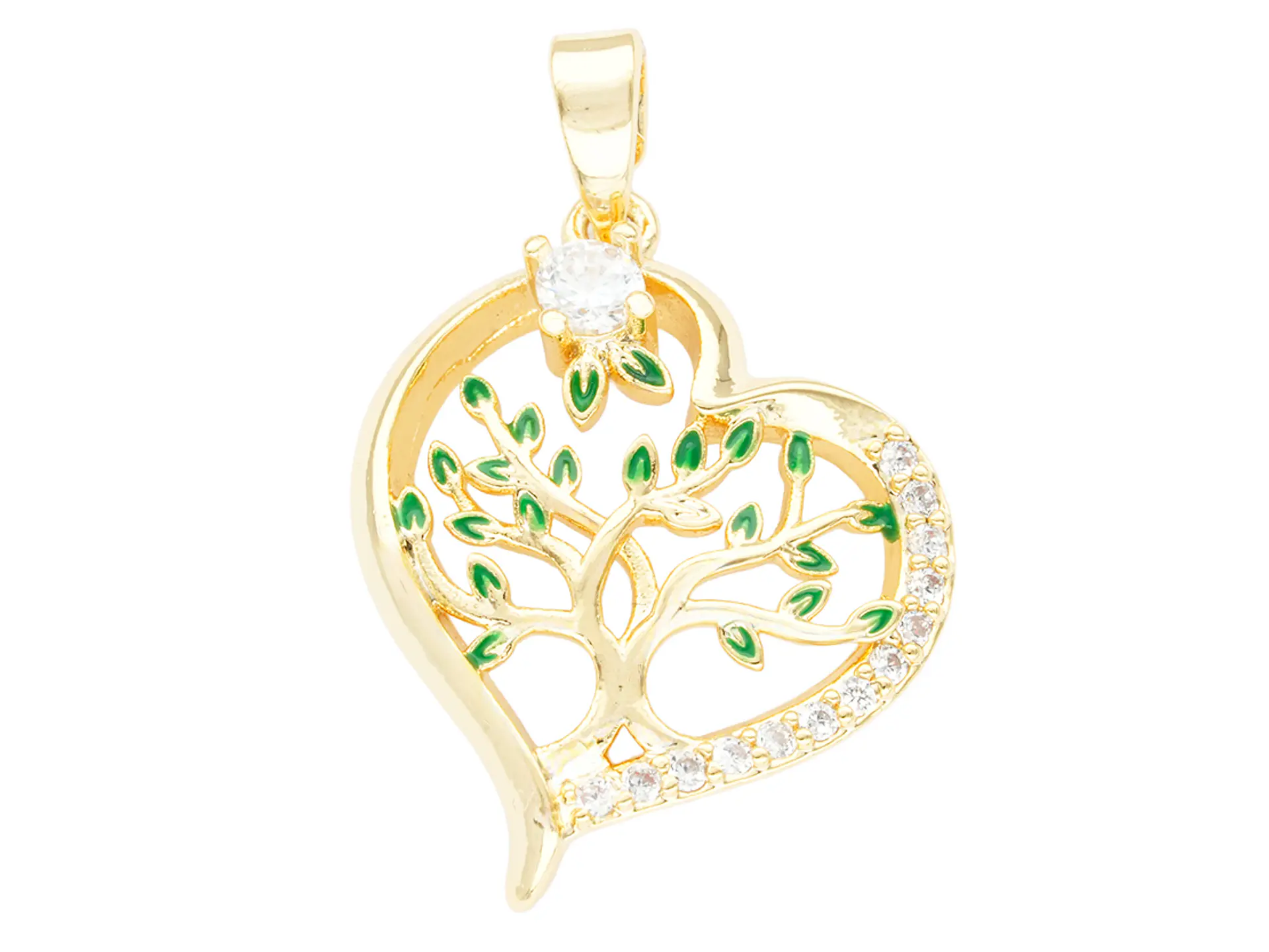 RODIO DORADO DIJE CORAZON ARBOL VIDA VERDE ZIRCON 17*21MM 1