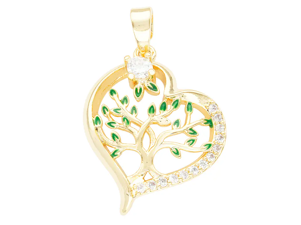 RODIO DORADO DIJE CORAZON ARBOL VIDA VERDE ZIRCON 17*21MM 1