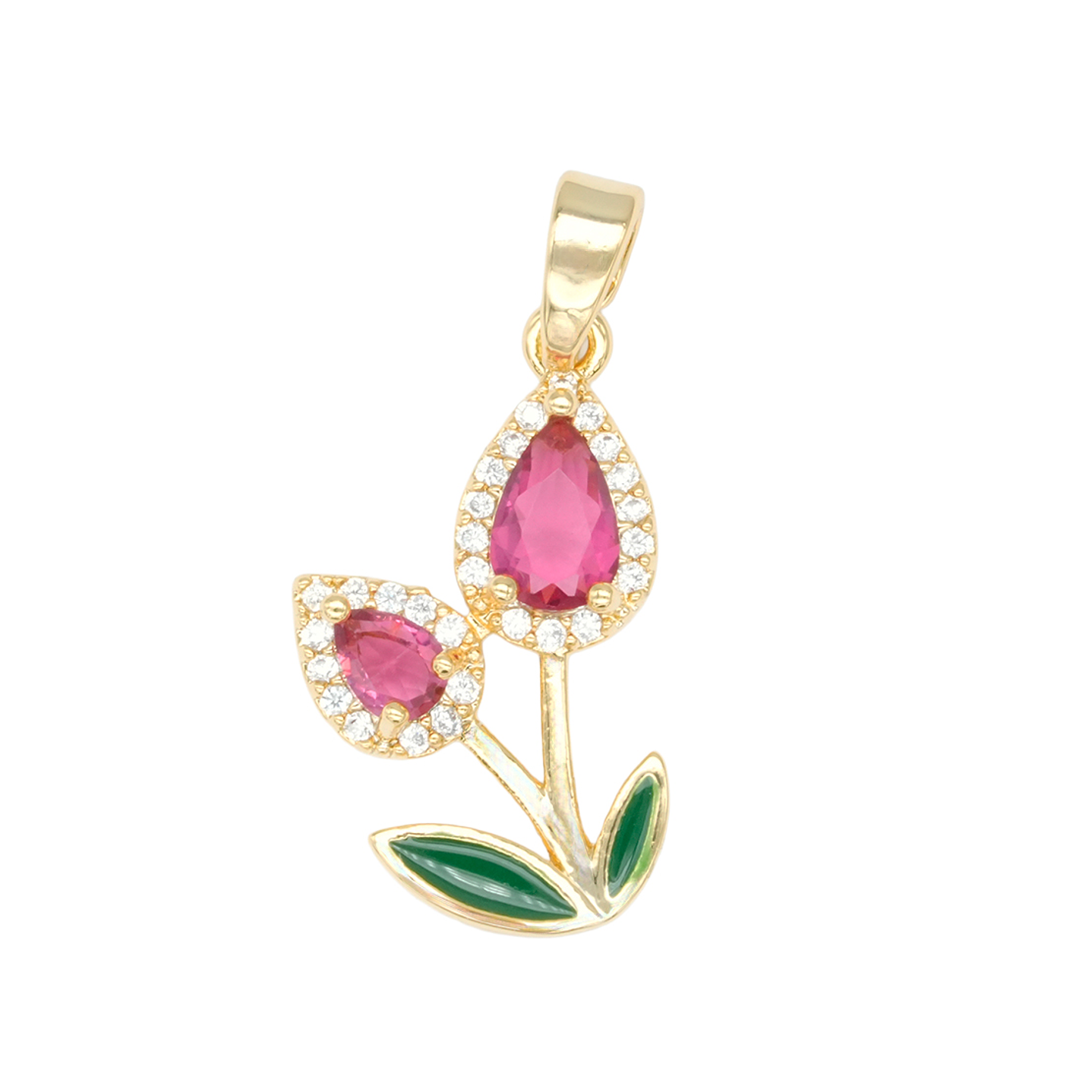 RODIO DORADO DIJE TULIPAN DOBLE ZIRCON FUCSIA 20*12MM 1