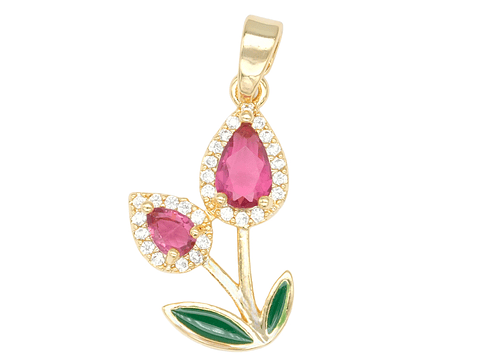 RODIO DORADO DIJE TULIPAN DOBLE ZIRCON FUCSIA 20*12MM