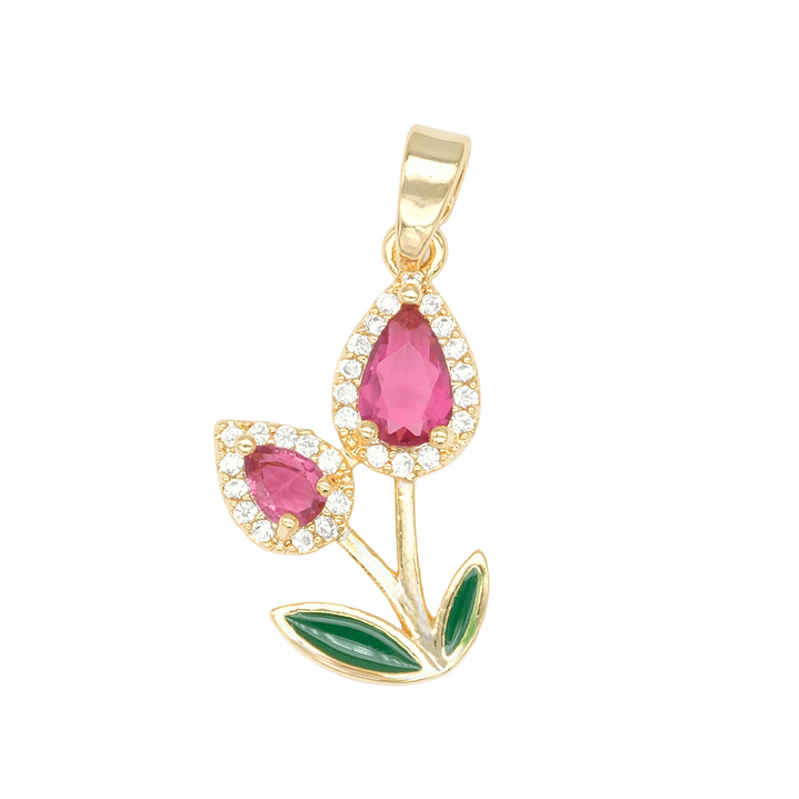 RODIO DORADO DIJE TULIPAN DOBLE ZIRCON FUCSIA 20*12MM 1