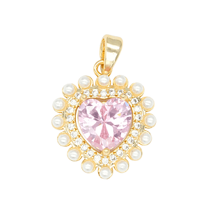 RODIO DORADO DIJE CORAZON PERLA ZIRCON ROSADO 18*16MM