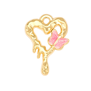 ACERO DORADO DIJE CORAZON DERRETIDO MARIPOSA FUCSIA 20*14MM