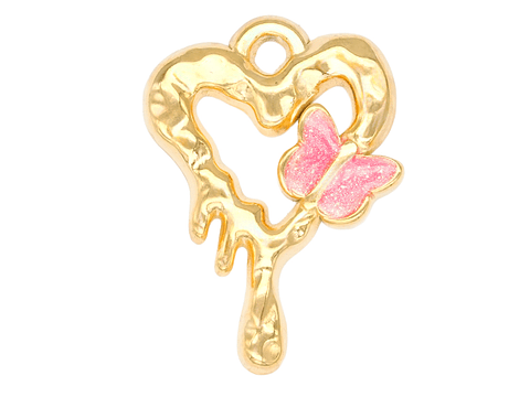 ACERO DORADO DIJE CORAZON DERRETIDO MARIPOSA FUCSIA 20*14MM