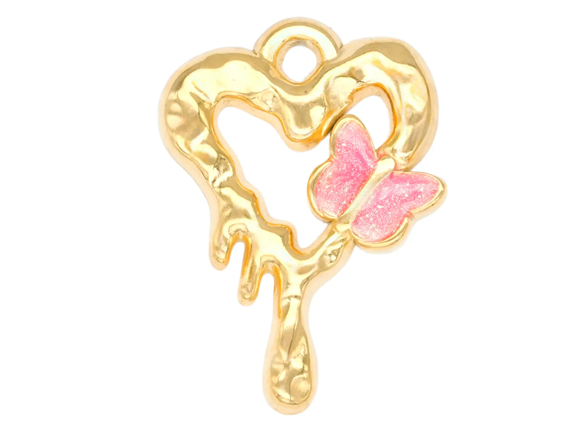 ACERO DORADO DIJE CORAZON DERRETIDO MARIPOSA FUCSIA 20*14MM 1