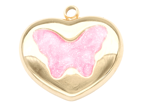 ACERO DORADO DIJE CORAZON MARIPOSA ROSADO 15*15MM