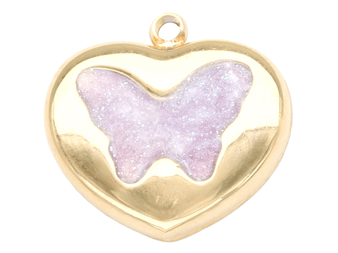 ACERO DORADO DIJE CORAZON MARIPOSA LILA 15*15MM