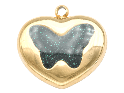 ACERO DORADO DIJE CORAZON MARIPOSA NEGRO 15*15MM