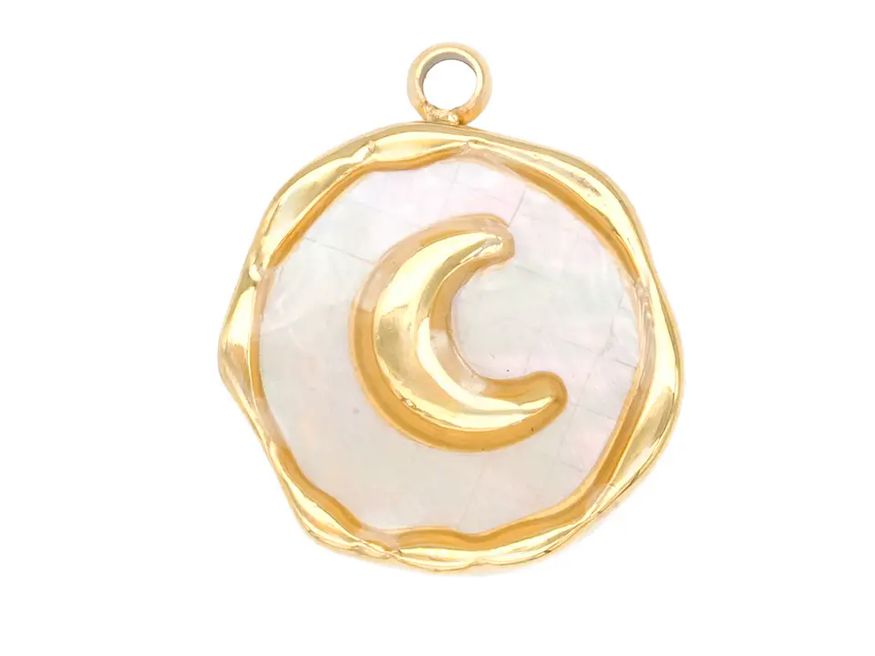 ACERO DORADO DIJE REDONDO LUNA NACAR BLANCO 13MM 1