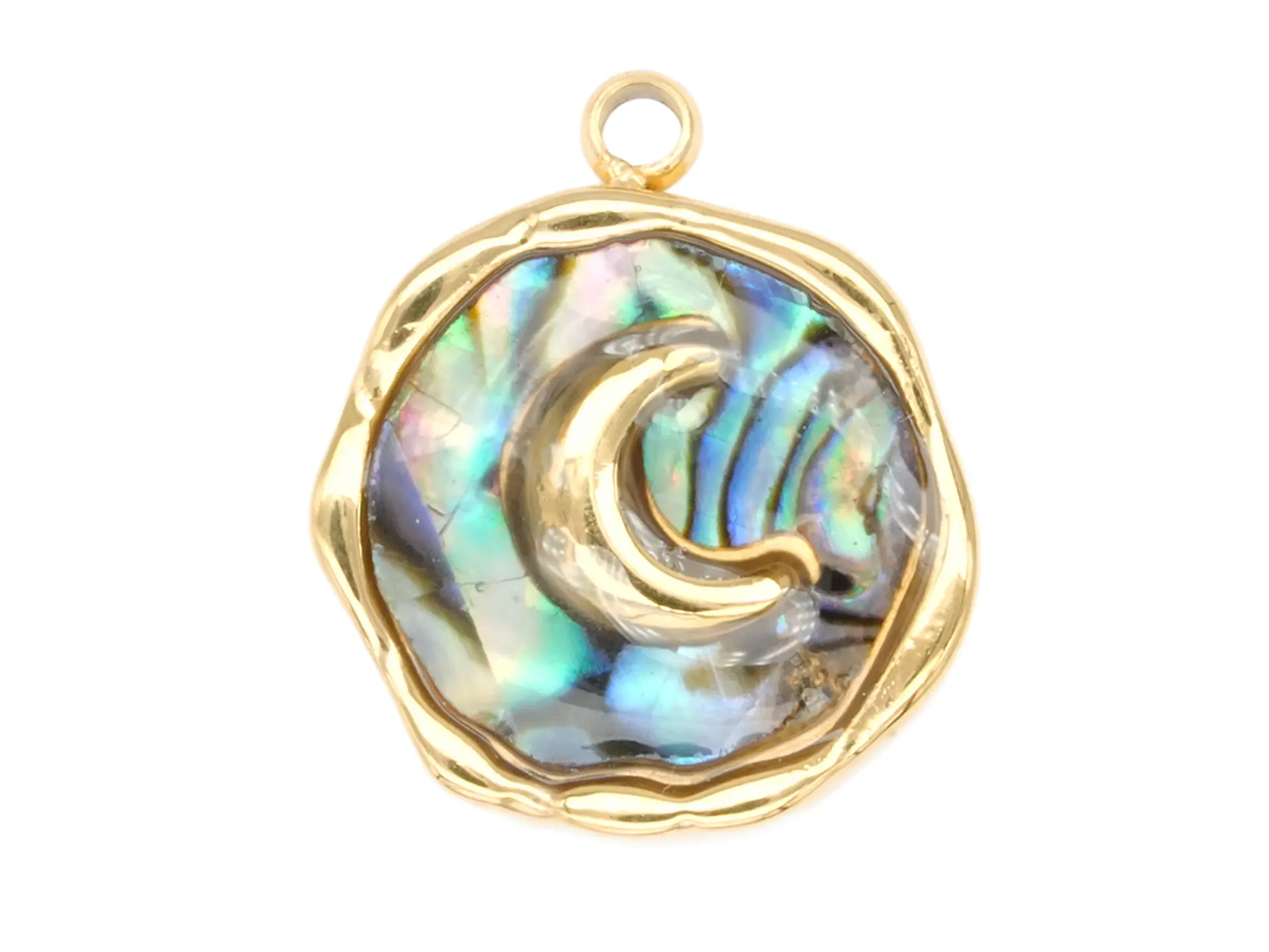 ACERO DORADO DIJE REDONDO LUNA NACAR IRISADO 13MM 1