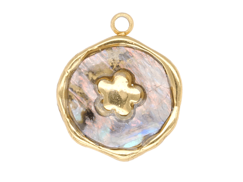 ACERO DORADO DIJE REDONDO FLOR NACAR IRISADO 13MM