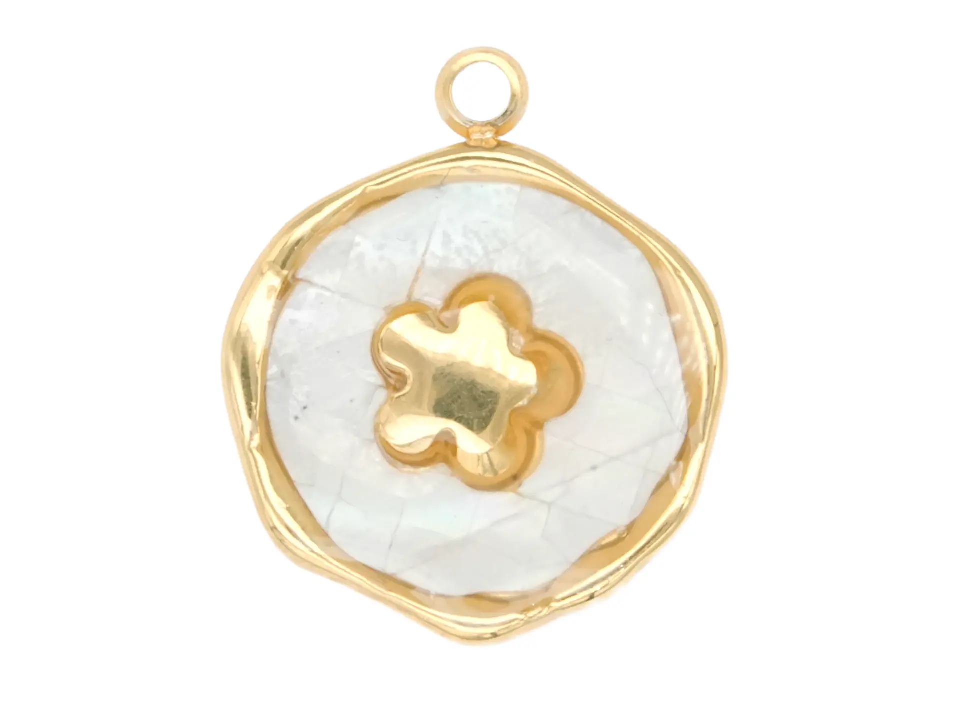 ACERO DORADO DIJE REDONDO FLOR NACAR BLANCO 13MM 1