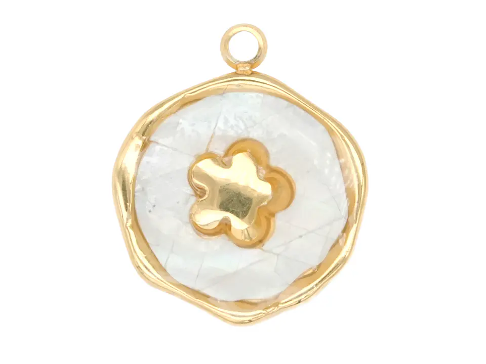 ACERO DORADO DIJE REDONDO FLOR NACAR BLANCO 13MM 1