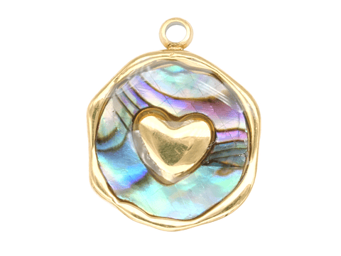 ACERO DORADO DIJE REDONDO CORAZON NACAR IRISADO 13MM