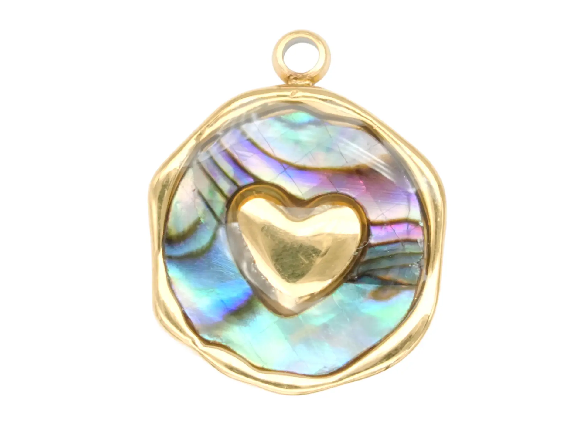 ACERO DORADO DIJE REDONDO CORAZON NACAR IRISADO 13MM 1