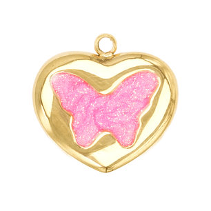 ACERO DORADO DIJE CORAZON MARIPOSA FUCSIA 15*15MM