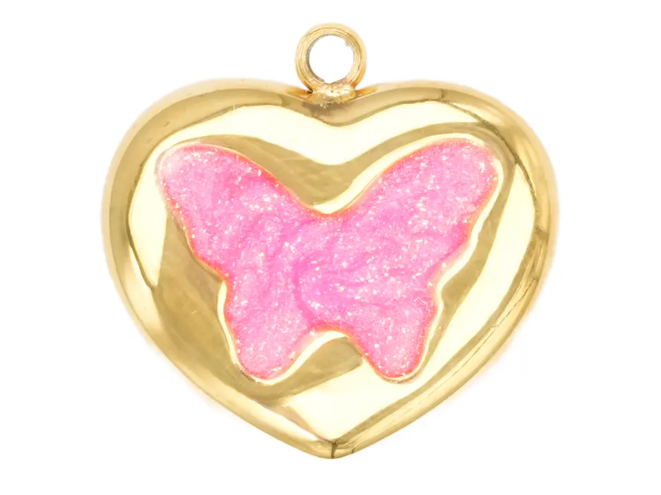 ACERO DORADO DIJE CORAZON MARIPOSA FUCSIA 15*15MM 1