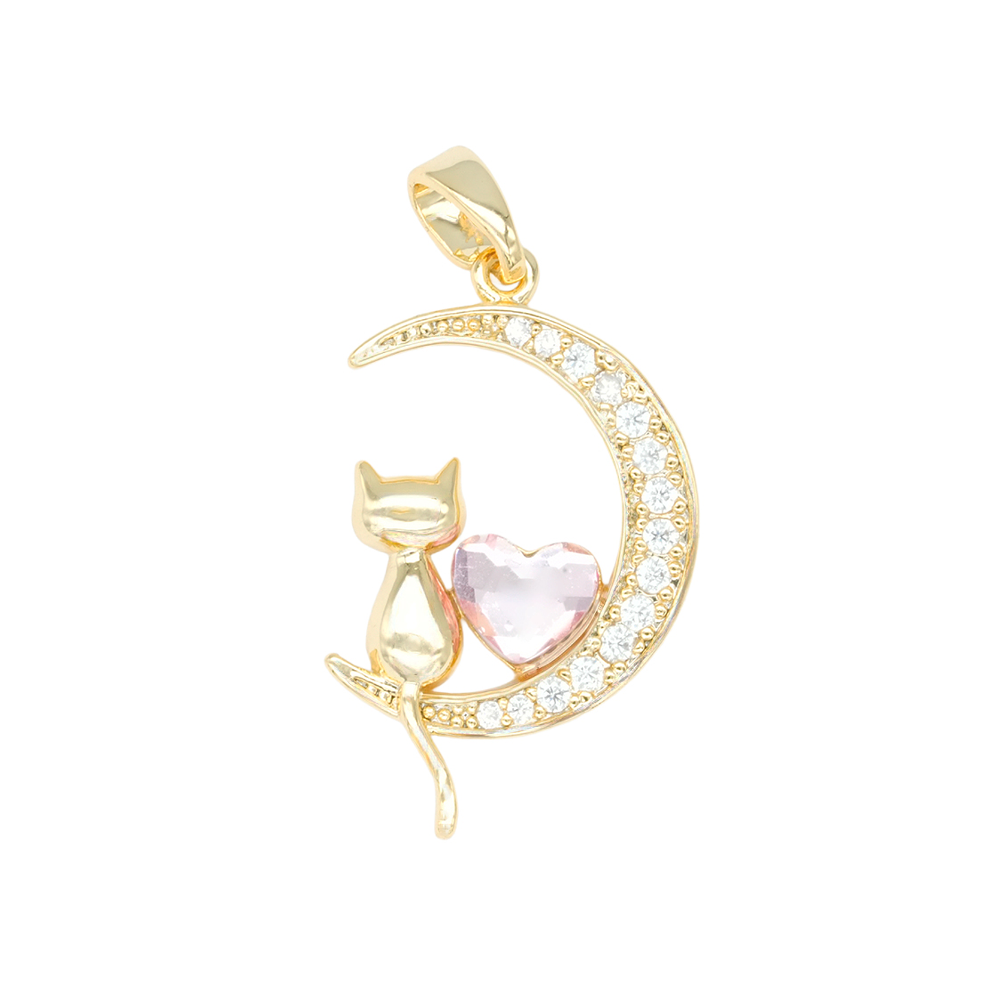 RODIO DORADO DIJE LUNA GATO CORAZON ROSADO ZIRCON 24*14MM 1