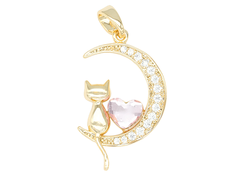 RODIO DORADO DIJE LUNA GATO CORAZON ROSADO ZIRCON 24*14MM