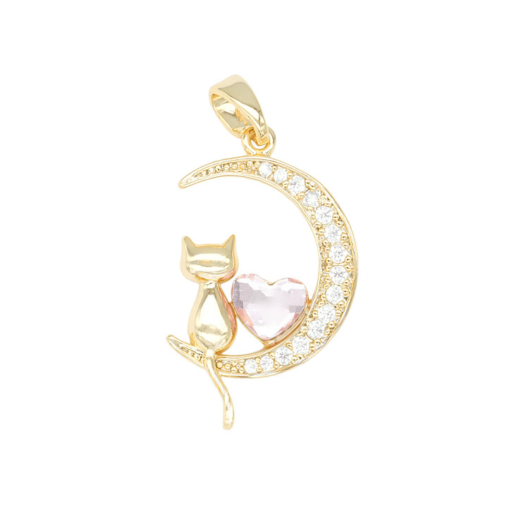 RODIO DORADO DIJE LUNA GATO CORAZON ROSADO ZIRCON 24*14MM 1