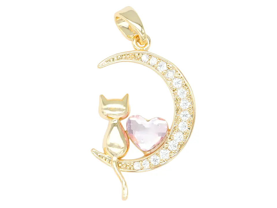 RODIO DORADO DIJE LUNA GATO CORAZON ROSADO ZIRCON 24*14MM 1