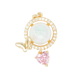 RODIO DORADO DIJE PERLA MARIPOSA CORAZON ROSADO ZIRCON 26*15MM