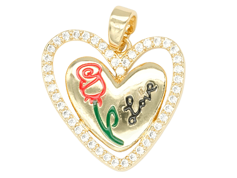 RODIO DORADO DIJE CORAZON ROSA LOVE ROJA ZIRCON 15*15MM