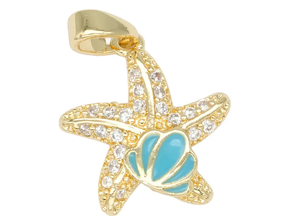 RODIO DORADO DIJE ESTRELLA MAR CONCHA AZUL ZIRCON 16*14MM 1
