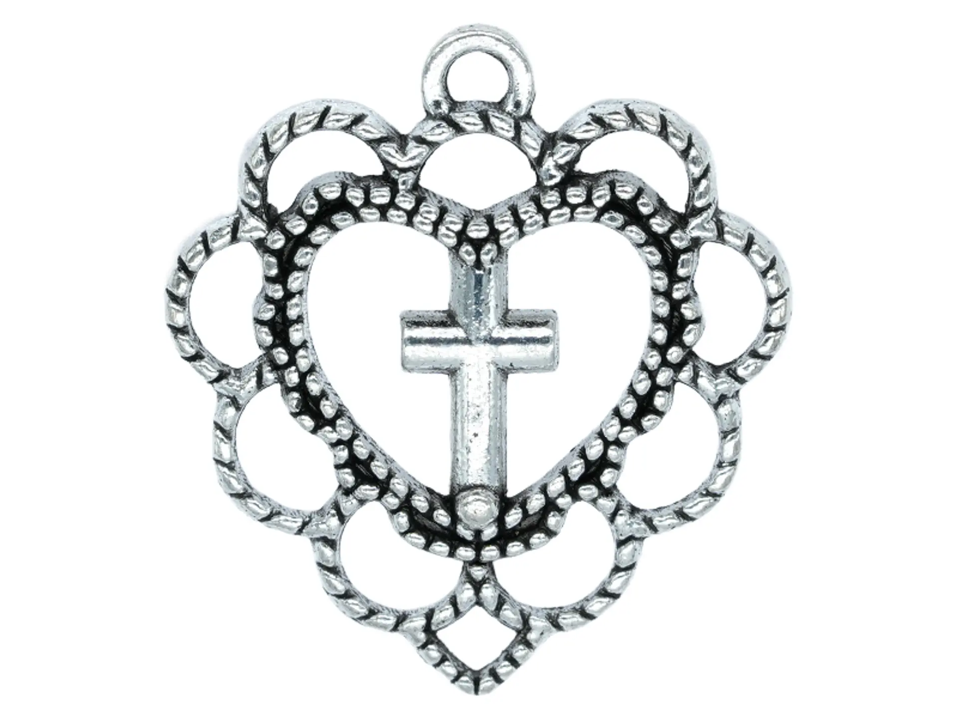 SAMAK PLATEADA DIJE CORAZON CENTRO CRUZ 20MM PAQUETE POR 14 UNIDADES APROX 1