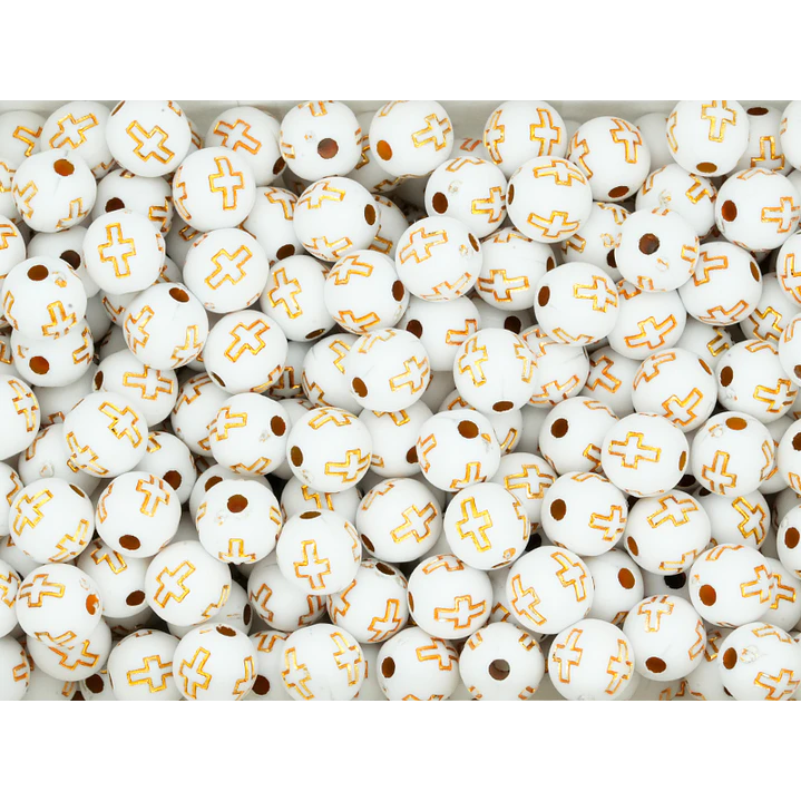 ACRILICO FIGURA BOLA BLANCO CRUZ DORADA 8MM  X 50 GRAMOS  1