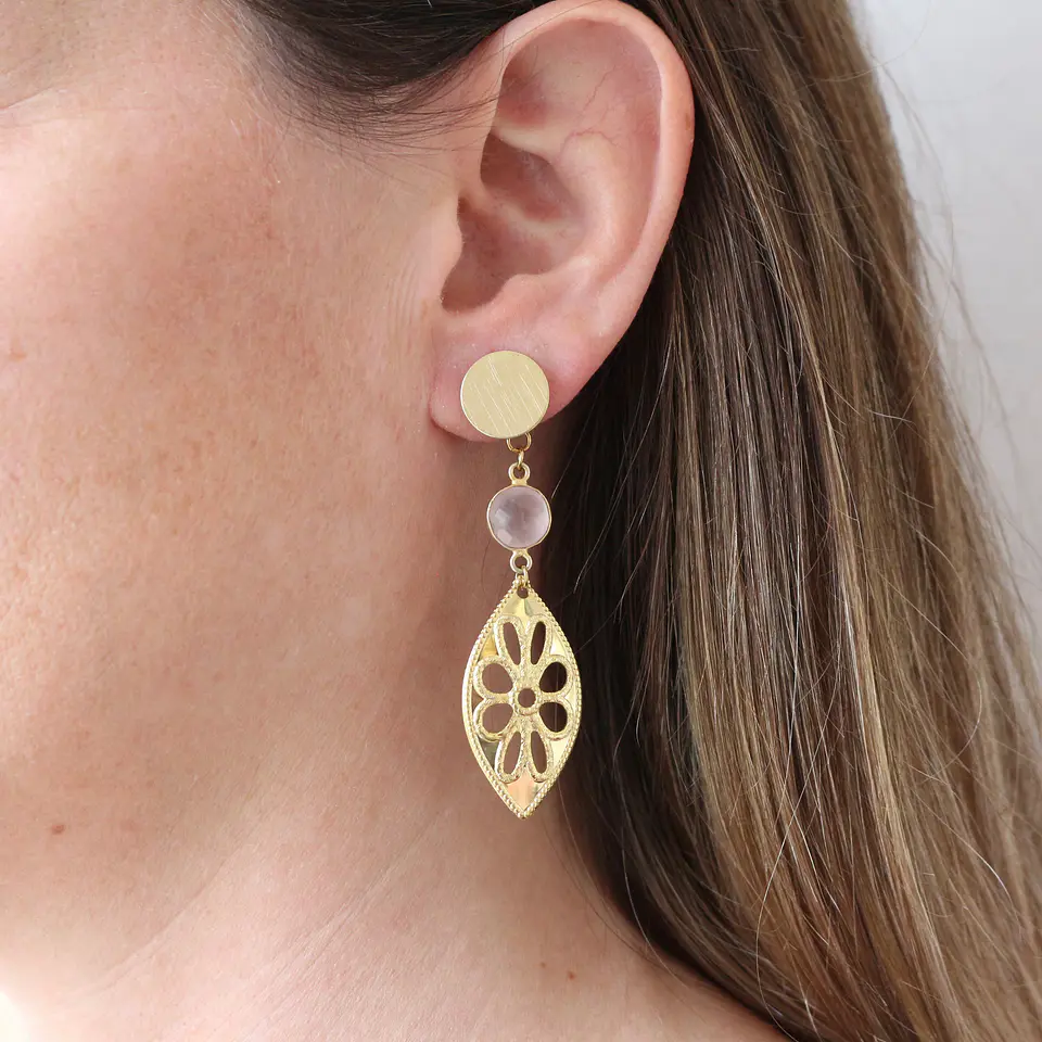 Aros bañados en oro con Cuarzo rosado. 3
