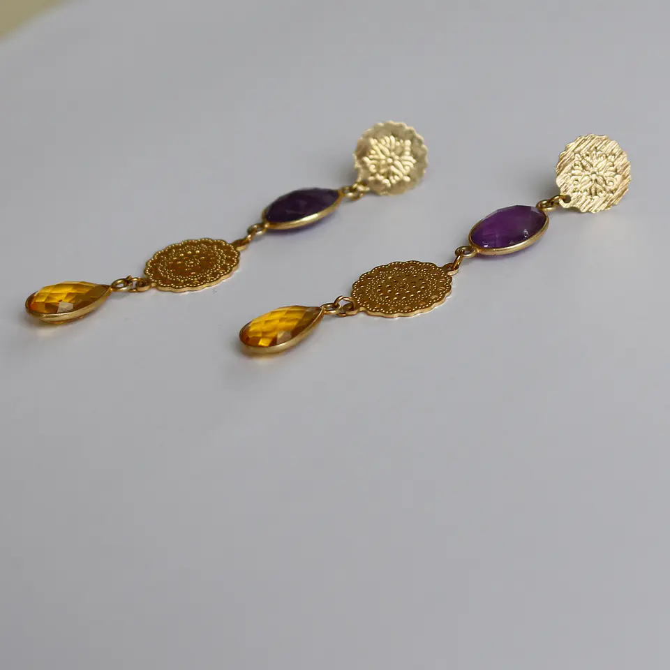 Aros bañados en oro con Citrino y Cuarzo Hidrotermal. 2
