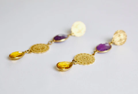Aros bañados en oro con Citrino y Cuarzo Hidrotermal.