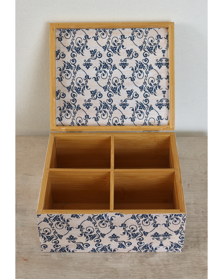 Caja De Bambú Flores Azules