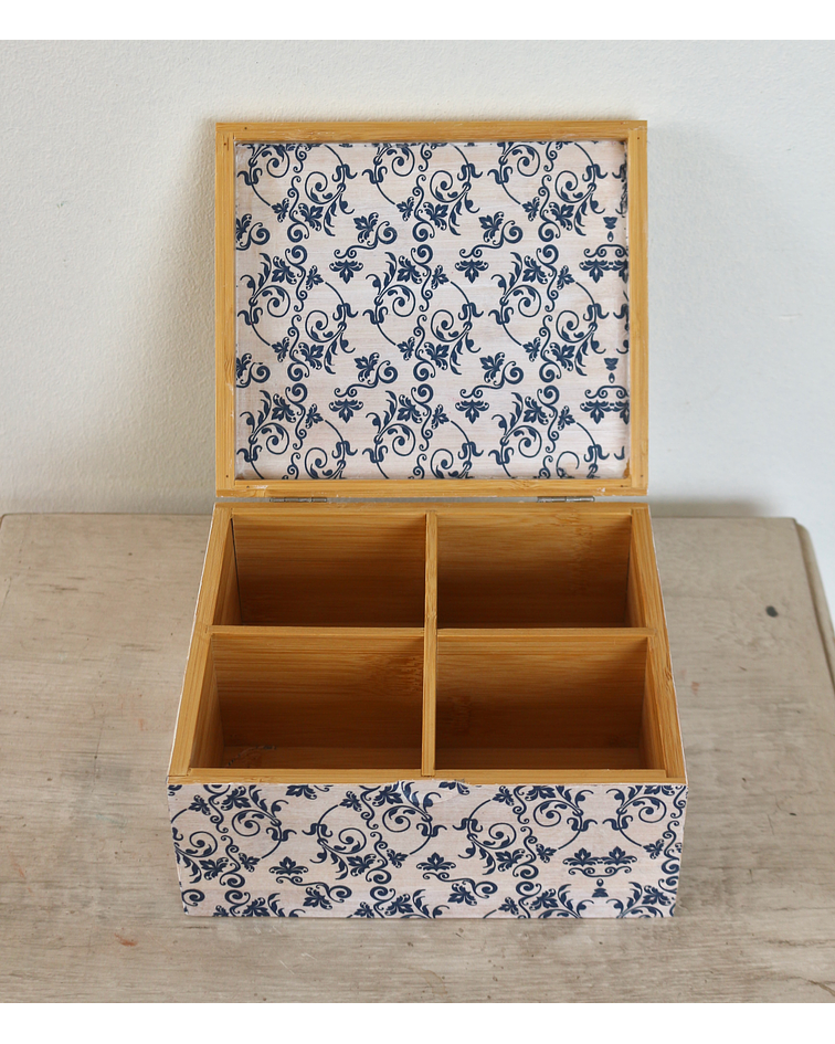 Caja De Bambú Flores Azules