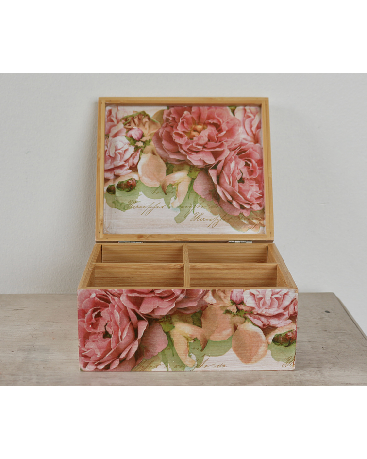 Caja De Bambú Rosas Peonías
