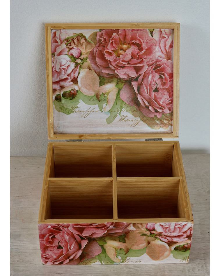 Caja De Bambú Rosas Peonías